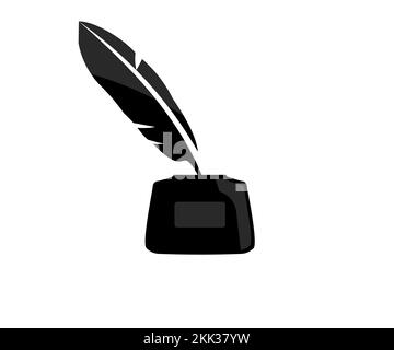 Feather quill pen and glass inkwell logo design. Pen and ink bottle vector symbol sign, flat icon. Feather and ink bottle icon vector design. Stock Vector