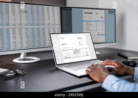 Spreadsheet Analyst Employee Worker. Medical Report On Computer Stock Photo