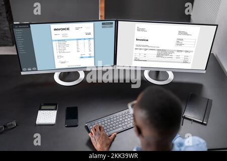 E Invoice Business Management. Accountant Using Electronic Invoice Stock Photo