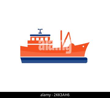 Fishing boat are returning after fishing to its port logo design. Fishing vessel, boat, sea vessel. Commercial fishing boat sailing  vector design. Stock Vector