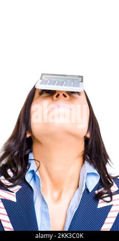 Studio Portrait Of An Account Keeping Business Woman Balancing A Calculator On Head In A Profit Loss Tax And Accounts Concepts Titled Balancing Financ Stock Photo