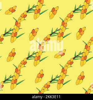 Sea buckthorn seamless pattern. Twigs with berries and leaves. Template with orange fresh berries for wallpaper, fabric, packaging. Stock Vector