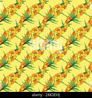 Sea buckthorn seamless pattern. Twigs with berries and leaves. Template with orange fresh berries for wallpaper, fabric, packaging. Stock Vector