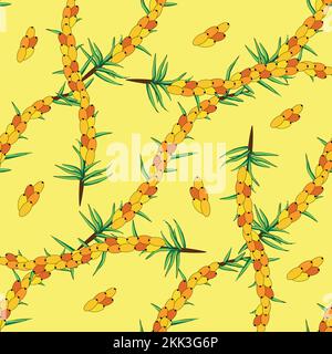 Sea buckthorn seamless pattern. Twigs with berries and leaves. Template with orange fresh berries for wallpaper, fabric, packaging. Stock Vector