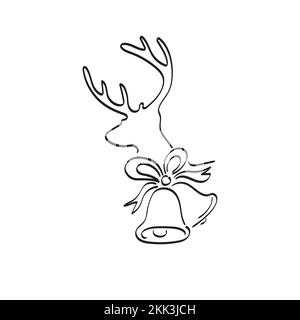 line art deer and bell for christmas decoration illustration vector hand drawn isolated on white background Stock Vector