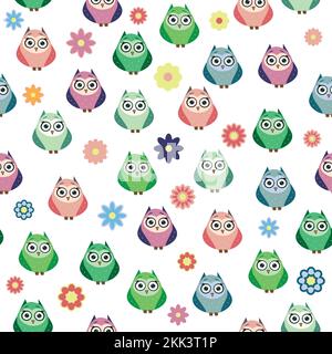 Cute multicolored owls and flowers in cartoon style, childish seamless pattern, newborn. Creative childish background for fabric, textile or wrapping Stock Vector