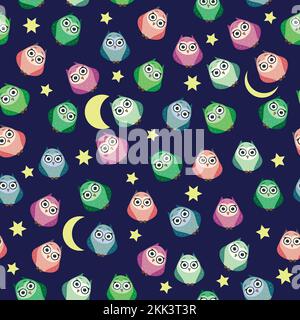 Cute multicolored owls at night with stars, clouds and moon. Seamless pattern in cartoon style, childish seamless pattern, newborn. Creative childish Stock Vector