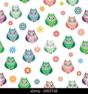 Cute multicolored owls and flowers in cartoon style, childish seamless pattern, newborn. Creative childish background for fabric, textile or wrapping Stock Vector
