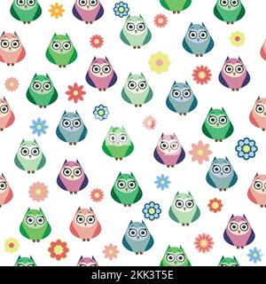 Cute multicolored owls and flowers in cartoon style, childish seamless pattern, newborn. Creative childish background for fabric, textile or wrapping Stock Vector