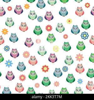 Cute multicolored owls and flowers in cartoon style, childish seamless pattern, newborn. Creative childish background for fabric, textile or wrapping Stock Vector