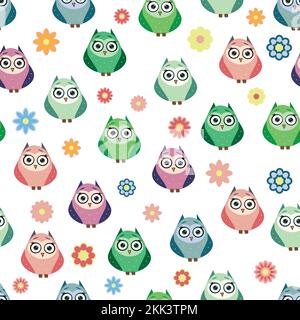 Cute multicolored owls and flowers in cartoon style, childish seamless pattern, newborn. Creative childish background for fabric, textile or wrapping Stock Vector