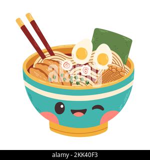 Hand drawn cute ramen noodle in the bowl with pork chicken illustration design vector Stock Vector