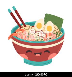 Hand drawn cute ramen noodle in the bowl with shrimps illustration design vector Stock Vector