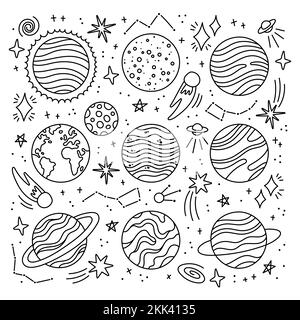 Set of planets icon, hand drawn vector illustration. Stock Vector