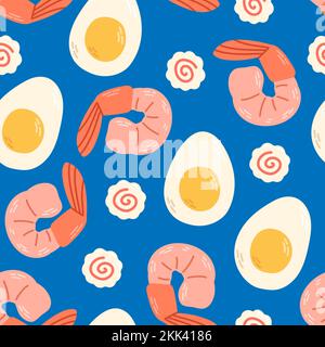 Shrimps egg narutomaki seamless pattern on blue background vector Stock Vector