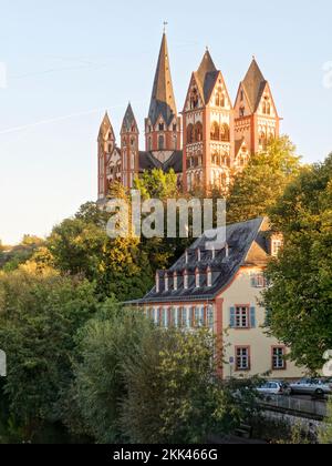 View of the Limburg Cathedral over the Lahn in autumn. Stock Photo