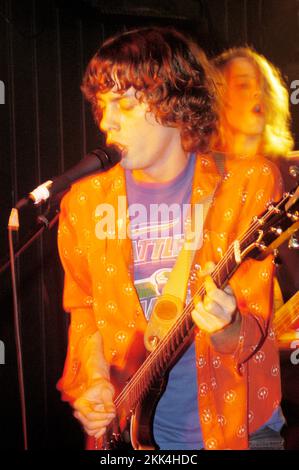 RAZORLIGHT, YOUNG, EARLY PUB GIG, 2004: A young Johnny Burrell singer/guitars of RAZORLIGHT at the Barfly in Cardiff, January 22 2004. Photograph: ROB WATKINS.   INFO: Razorlight is a British rock band formed in 2002, known for their energetic sound and catchy melodies. Led by Johnny Borrell, they gained prominence with hits like 'America' and 'In the Morning,' and their album 'Up All Night' achieved critical and commercial success. Stock Photo