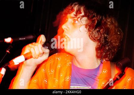 RAZORLIGHT, YOUNG, EARLY PUB GIG, 2004: A young Johnny Burrell singer/guitars of RAZORLIGHT at the Barfly in Cardiff, January 22 2004. Photograph: ROB WATKINS.   INFO: Razorlight is a British rock band formed in 2002, known for their energetic sound and catchy melodies. Led by Johnny Borrell, they gained prominence with hits like 'America' and 'In the Morning,' and their album 'Up All Night' achieved critical and commercial success. Stock Photo