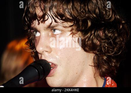 RAZORLIGHT, YOUNG, EARLY PUB GIG, 2004: A young Johnny Burrell singer/guitars of RAZORLIGHT at the Barfly in Cardiff, January 22 2004. Photograph: ROB WATKINS.   INFO: Razorlight is a British rock band formed in 2002, known for their energetic sound and catchy melodies. Led by Johnny Borrell, they gained prominence with hits like 'America' and 'In the Morning,' and their album 'Up All Night' achieved critical and commercial success. Stock Photo