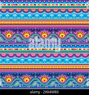 Pakistani truck art vector seamless textile or wallpaper pattern, Indian Diwali traditional floral design with flowers, leaves and abstract shapes in Stock Vector