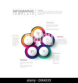 Vector multipurpose Infographic template with title and five sphere elements options around. Multipurpose Infochart with modern colors. Infographic wi Stock Vector