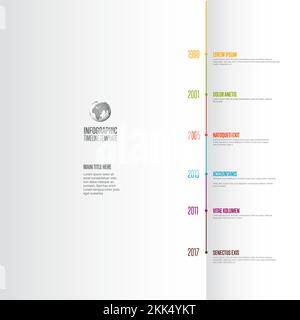 Vector light vertical progress timeline template with six years milestones with descriptions. Light colorful timeline with color headlines on folded p Stock Vector