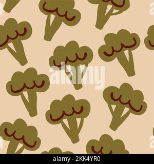 Vector seamless pattern with broccoli on light beige background. Healthy food, vegetable pattern design. Vector illustration Stock Vector