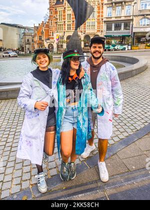 Three college students performing near the Mont des Arts quarter of Brussels, Belgium. Stock Photo