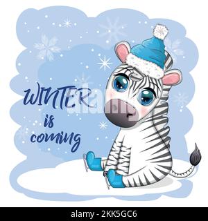 Greeting card with cute zebra in santa hat with christmas ball, candy kane, gift. The winter is coming. Wildlife holidays cartoon character. Stock Vector