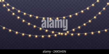 Christmas garland isolated on transparent background. Glowing yelllow light bulbs. Stock Vector