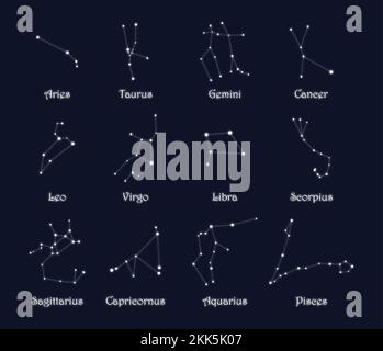 Set of 12 white glowing zodiac constellations with titles isolated on dark background. Stock Vector