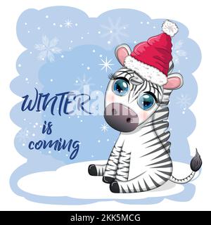 Greeting card with cute zebra in santa hat with christmas ball, candy kane, gift. The winter is coming. Wildlife holidays cartoon character. Stock Vector