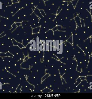 Yellow glowing zodiac star constellations seamless pattern. Stock Vector