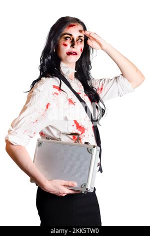 Blood splatter zombie businesswoman with case under arm looking into distance, danger concept on white background Stock Photo