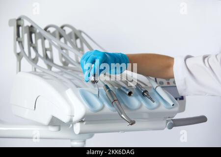 Different dental instruments and tools in a dentists office Stock Photo