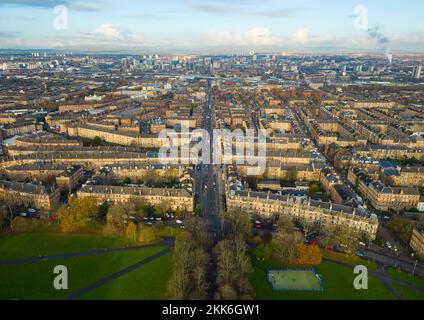 Aerial view from drone of Govanhill neighbourhood in Glasgow south side, Scotland UK Stock Photo