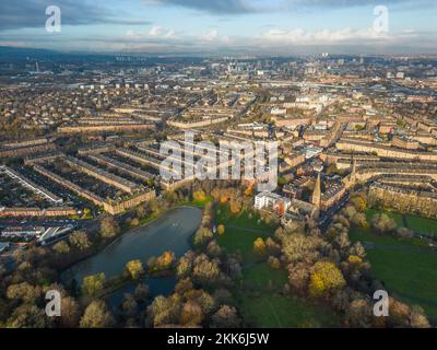 Aerial view from drone of  Queens Park and Strathbungo neighbourhood in Glasgow south side, Scotland UK Stock Photo