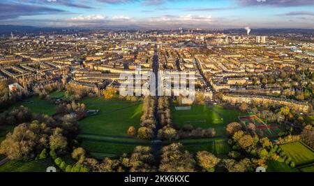Aerial view from drone of Queens Park and Govanhill neighbourhood in Glasgow south side, Scotland UK Stock Photo