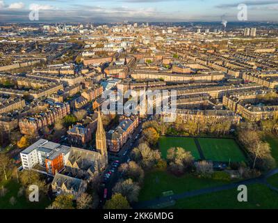 Aerial view from drone from Queens Park towards  Govanhill in Glasgow south side, Scotland UK Stock Photo