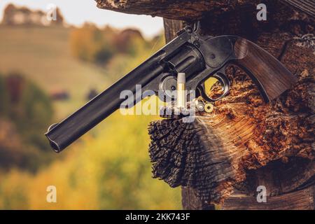 Pneumatic pistol revolver for sports and entertainment on autumn background Stock Photo