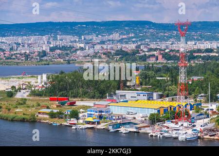 Varna lake coast with high-voltage power line truss pole. Landscape photo taken from Asparuhov Bridge, Varna, Bulgaria Stock Photo