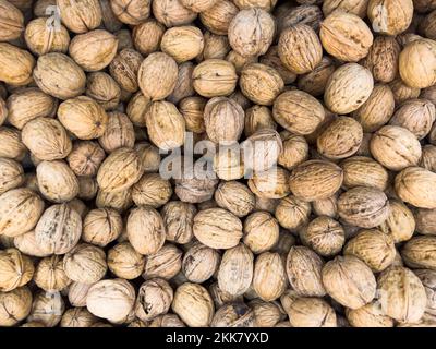 Top view of various walnuts in shells placed together in market as background Stock Photo
