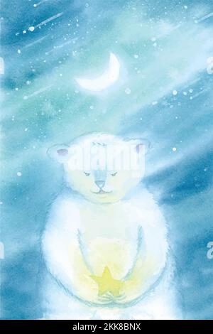Cute polar bear with a bright star on hands and moon in the night sky - vector watercolor illustration Stock Vector