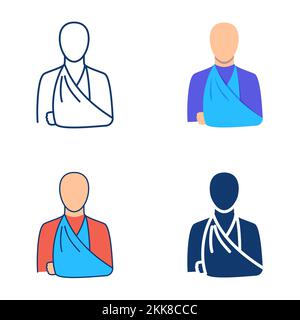 Traumatology icon set in flat and line style. Medical help with accidents. Person with broken arm. Vector illustration Stock Vector
