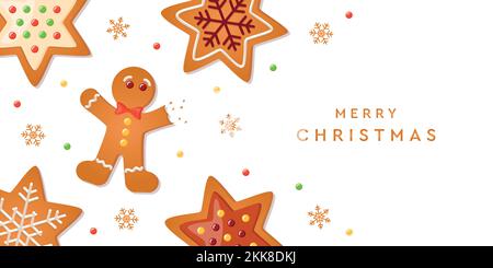 christmas greeting card with gingerbread cookies decoration on blue background Stock Vector