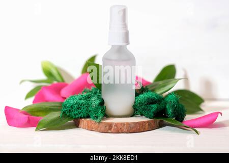 Mock up glass spray bottle on wooden saw cut podium with rose petals and moss and leaves. beauty fermented cosmetic skin care product Stock Photo