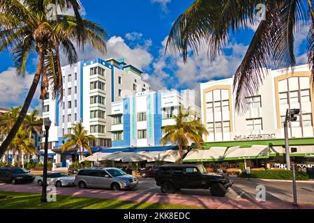 Miami, USA - July 31, 2010: midday view at Ocean drive in Miami Beach with Art Deco architecture. Stock Photo