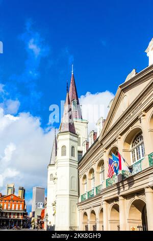 New Orleans, USA - July 17, 2013: Beautiful Saint Louis Cathedral and Louisiana state museum in the French Quarter in New Orleans, Louisiana. Stock Photo