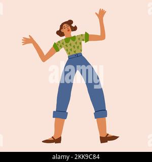 Vector illustration with a surprised woman in trendy style. Woman lifestyle illustration. A woman in jeans and T-shirt surprised and worried. Vector illustration Stock Vector