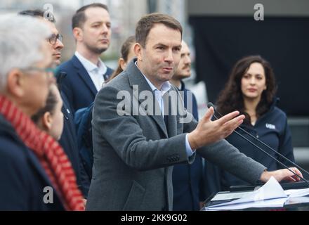 Bucharest, Romania - November 24, 2022: Catalin Drula, president of USR, holds a press conference presenting a critical report of the PSD-PNL-UDMR gov Stock Photo